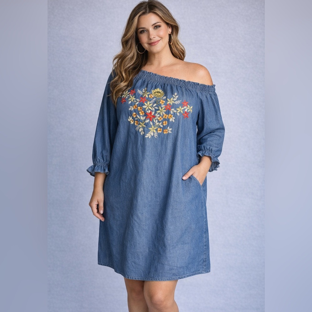 ✨NWT✨Speed Control Embroidered Off Shoulder Denim Dress, Size 2X